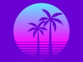 80s retro sci-fi palm trees on a sunset. Retro futuristic sun with palm trees. Summer time. Synthwave and retrowave style. Vector