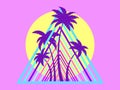 80s retro sci-fi palm trees on a sunset. Retro futuristic sun with palm trees in a triangular frame. Synthwave style. Design for Royalty Free Stock Photo