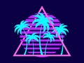 80s retro sci-fi palm trees on a sunset. Retro futuristic sun with palm trees in a triangular frame. Synthwave style. Design for Royalty Free Stock Photo