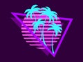 80s retro sci-fi palm trees on a sunset. Retro futuristic sun with palm trees in a triangular frame. Synthwave style. Design for Royalty Free Stock Photo