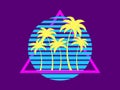 80s retro sci-fi palm trees on a sunset. Retro futuristic sun with palm trees in a triangular frame. Synthwave style. Design for Royalty Free Stock Photo