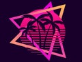 80s retro sci-fi palm trees on a sunset. Retro futuristic sun with palm trees. Summer time. Synthwave and retrowave style. Vector