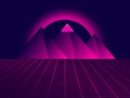 80s retro sci-fi pyramids. Futuristic background with grid and pyramids. Landscape in virtual reality, neon sunset. Synthwave Royalty Free Stock Photo