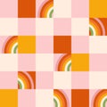 70s retro seamless pattern with groovy trippy grid. Checkered background with rainbow.