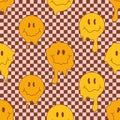 70s retro seamless pattern with hippie groovy melting smile faces. Melting Smiles on checkerboard background.