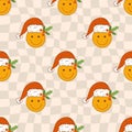 70s retro seamless pattern with hippie groovy smile faces. Christmas smiles with Santa hat on checkerboard background.