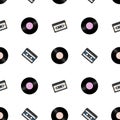 1980s retro seamless pattern. Vintage loopable background with vinyl records and audio tapes