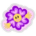 70s retro smiling daisy flower sticker. emoji