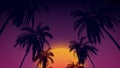 80`s retro style background with tropical coconut trees and sunset from 3d render