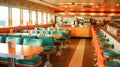 1970\'s retro style diner with checkered floor and red stools. Empty business with no people Royalty Free Stock Photo