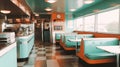 1970\'s retro style diner with checkered floor and red stools. Empty business with no people Royalty Free Stock Photo