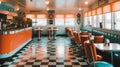 1970\'s retro style diner with checkered floor and red stools. Empty business with no people Royalty Free Stock Photo