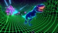 80s retro style loop animation. T-Rex dinosaur walks through a neon jungle. Vj