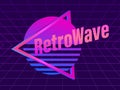 80s retro sun in a triangular frame. Synthwave and retrowave style. Grid virtual reality. Retro futuristic background for banner Royalty Free Stock Photo