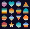 80s retro sunset with grunge texture, abstract vintage sunsets. 1980s style striped gradient sun in different shapes for Royalty Free Stock Photo