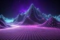 80s Retro Wireframe Mountains Landscape Under Starry Night Royalty Free Stock Photo