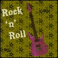 Rock and Roll poster.Green rock background with stars and purple guitar.