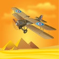 1900s Royal Air Force plane on Egypt pyramids, line art vector
