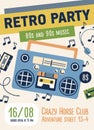 80s and 90s retro music party flyer design. Poster template for nostalgia event in 1980s and 1990s style. Ad placard of