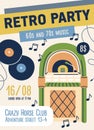 60s and 70s retro music party flyer template. Ad poster design for nostalgic festival in 1960s and 1970s style Royalty Free Stock Photo