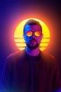 Retro wave synth vapor wave portrait of a young man in sunglasses