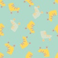 80s seamless doodle pattern with roller elements. Random doodle shoes print in yellow color on blue background