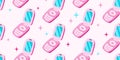 90s 00s seamless pattern pink glamorous flip mobile phone and stars in flat cartoon style Royalty Free Stock Photo