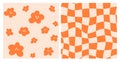 70s Seamless Pattern set in Orange, Daisy Flowers, Trippy Grid. Groovy Background, Retro Wallpaper, Vintage, Hand-Drawn Royalty Free Stock Photo
