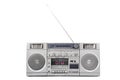 1980s Silver radio boom box with antenna up isolated on white Royalty Free Stock Photo