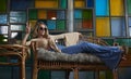 1960`s Sixties inspired shoot - woman in bell-bottom jeans