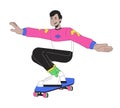 80s skateboarder teenage boy line cartoon flat illustration