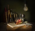 Work Desk with a glass of tea and an Apple Royalty Free Stock Photo