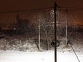 It's snowing at night in the light of a lantern on a pole Royalty Free Stock Photo