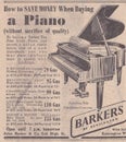 Vintage 1950s newspaper advert - Barkers of Kensington Piano.