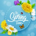 It`s spring time banner with round frame, insects and flower on blue sky background Royalty Free Stock Photo