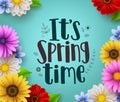 It`s spring time text vector greeting design with colorful spring flower elements Royalty Free Stock Photo