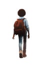 80s style black pre-teen boy with afro black power hairstyle. skinny jeans. blue, white shirt. red backpack. rear view. Royalty Free Stock Photo