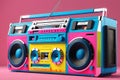 1980s Style Boombox with Vibrant Hues of Neon Pink, Electric Blue, and Sunburst Yellow - Cassette Deck