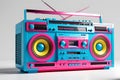 1980s Style Boombox with Vibrant Hues of Neon Pink, Electric Blue, and Sunburst Yellow - Cassette Deck