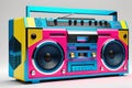 1980s Style Boombox with Vibrant Hues of Neon Pink, Electric Blue, and Sunburst Yellow - Cassette Deck