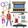 1980s style fashion and technologies, epoch symbols, man and woman Royalty Free Stock Photo