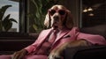60\'s style, fashionable dog in pink suit sitting in leather chair with dark glasses, looking at camera. AI generated