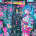 90s style glowing anime lofi girl, lofi vaporwave anime city landscape, futuristic vibes