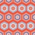1950s Style Hexagon Patchwork Dot Seamless Vector Pattern. Folk Art Quilt Stripes.