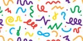 90s style kid squiggles, muster pattern. Fun color arts, child party design with confetti, doodle shapes. Funny drawings