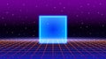 80s style night sky with neon cube and perspective grid