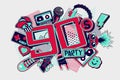 90s style party backgrounds. Vintage music posters. Funky disco design template. Horizontal vector illustration.