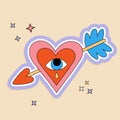 70s style retro poster. Psychedelic drawing of heart with arrow. Retro groovy graphic element. Cartoon funky sticker Royalty Free Stock Photo