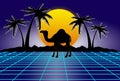 80s style sci-fi, blue background with yellow sunset behind black mountains, palms and camel. futuristic illustration or