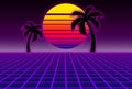 80s style sci-fi, purple background with sunset and palms. futuristic illustration or poster template. Synthwave banner.